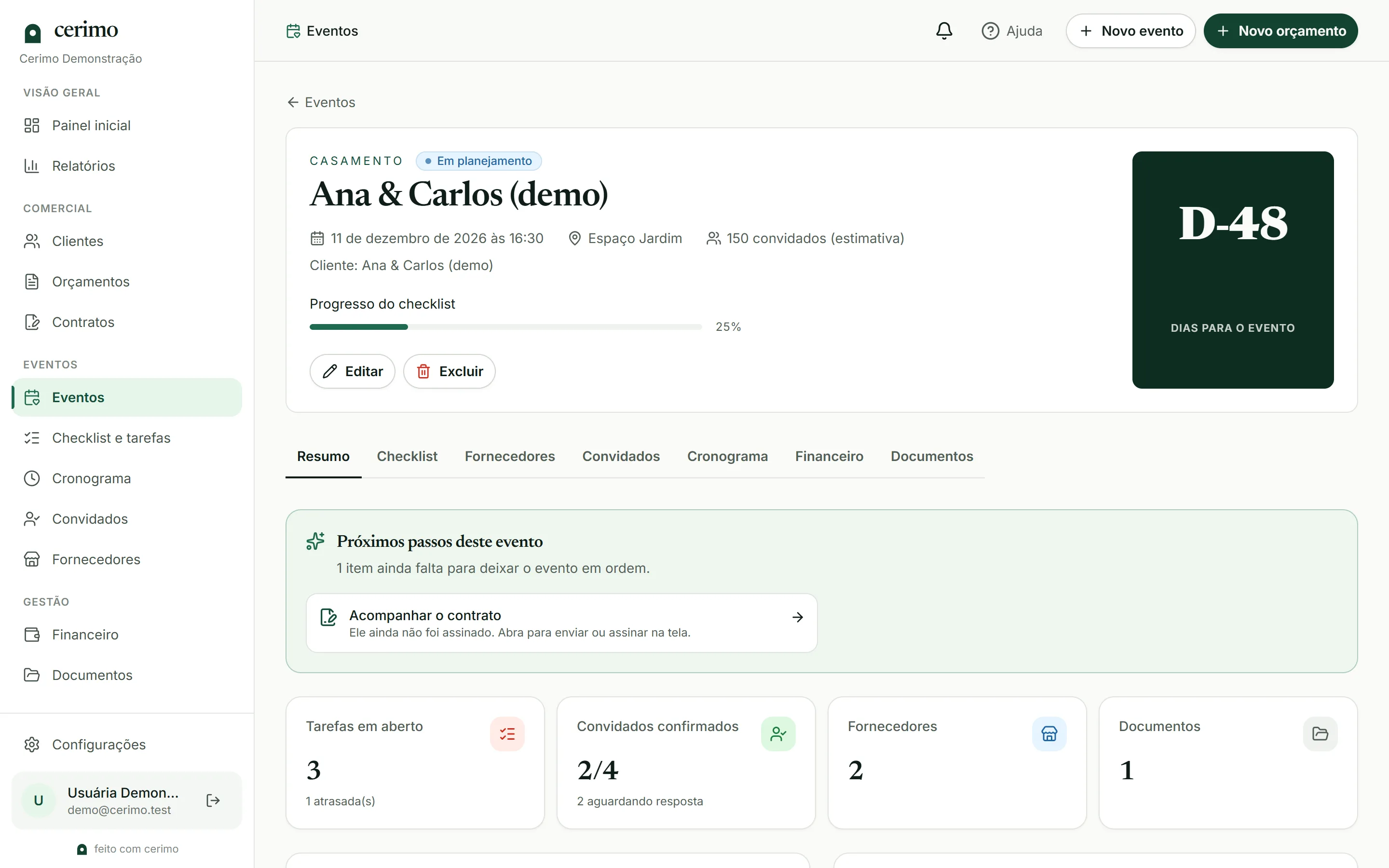 Tela de um evento no Cerimo: contagem D-48, progresso do checklist, tarefas em aberto e próximos prazos.