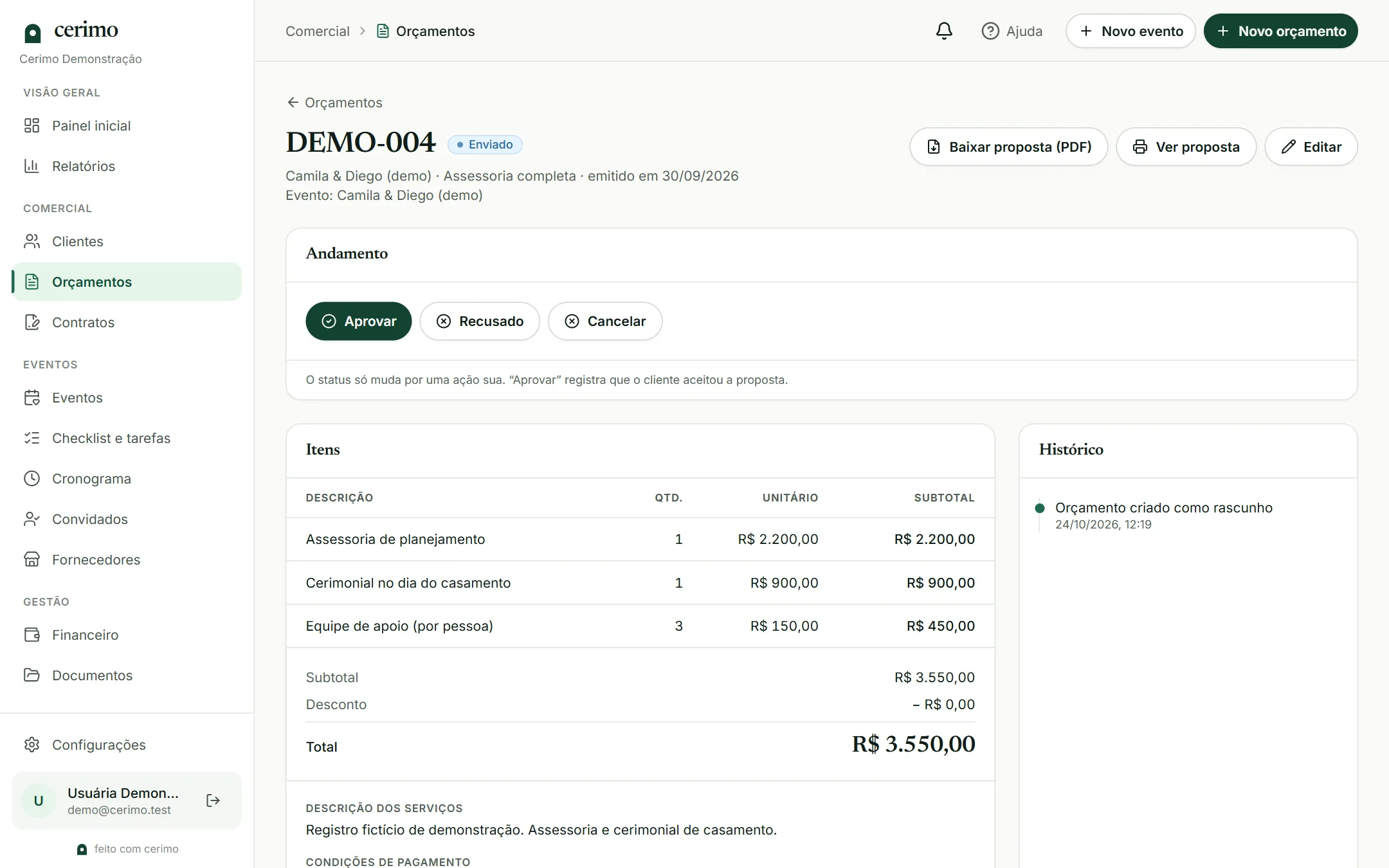 Tela de um orçamento no Cerimo: itens com valores, total, botões para baixar a proposta em PDF e aprovar, e o histórico do orçamento.